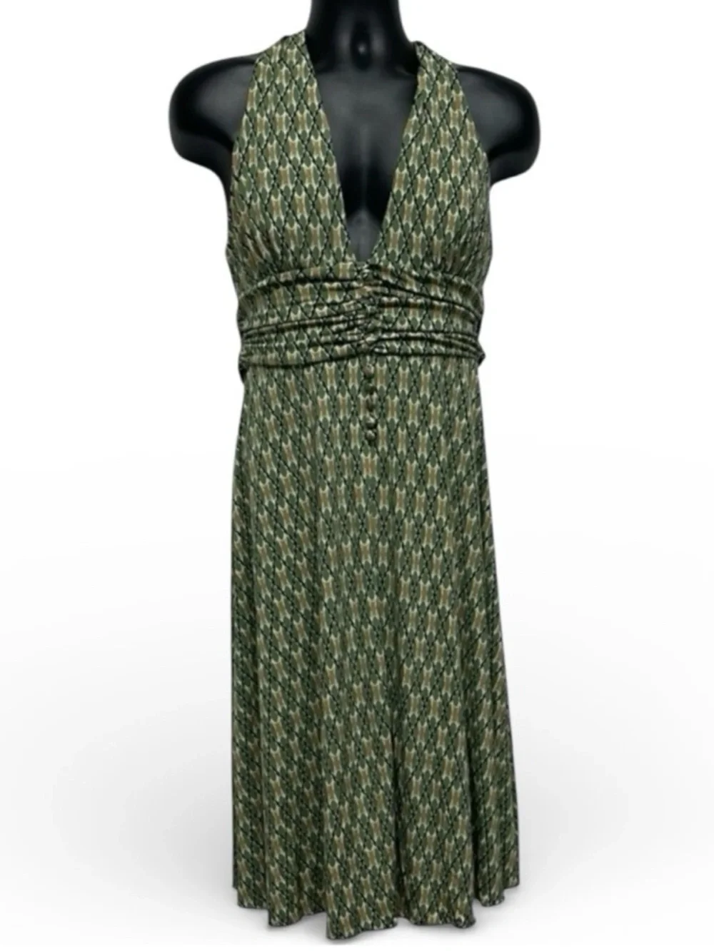 AGB Olive Green Halter Midi Dress Open Back Resort Vacation Dress 10 - Picture 2 of 6